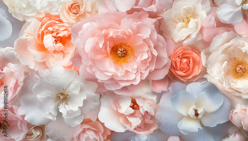 Soft, blooming peonies and roses in pastel shades, adding a delicate and feminine touch