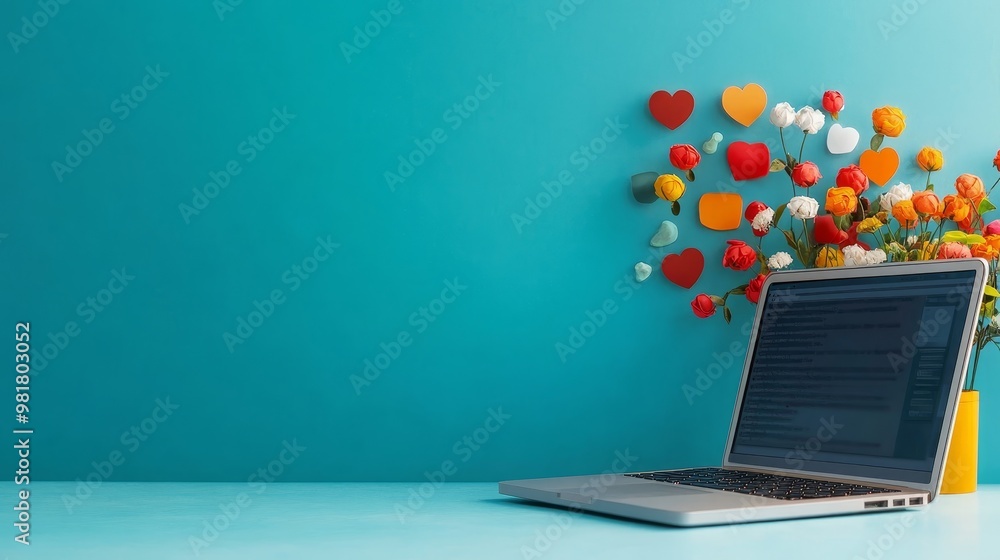 Fototapeta premium Laptop with Flowers and Hearts on a Blue Background showcasing a creative and modern design. The image evokes feelings of love, joy, and creativity.