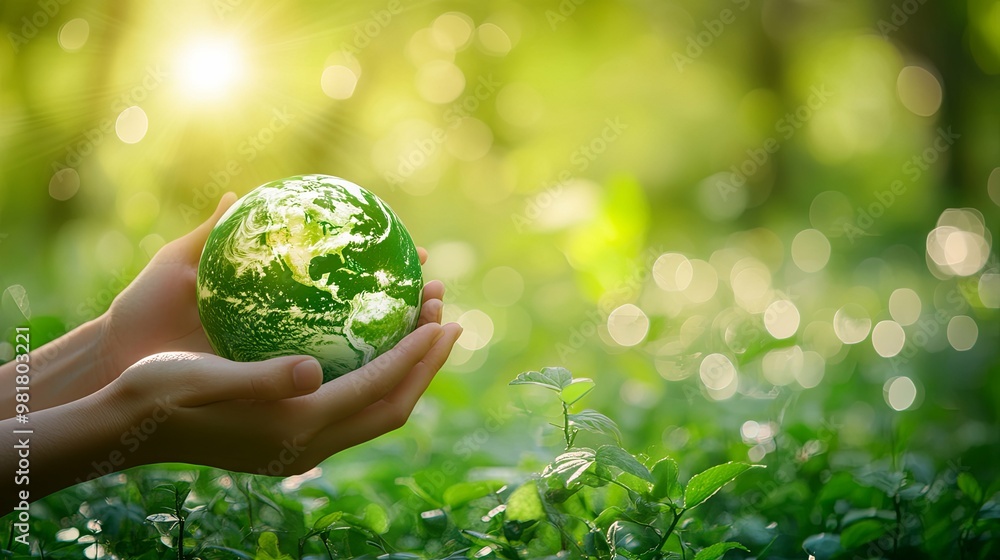 Hands Holding a Green Earth Globe in a Lush Natural Setting Hands Holding a Green Earth Globe in a Lush Natural Setting