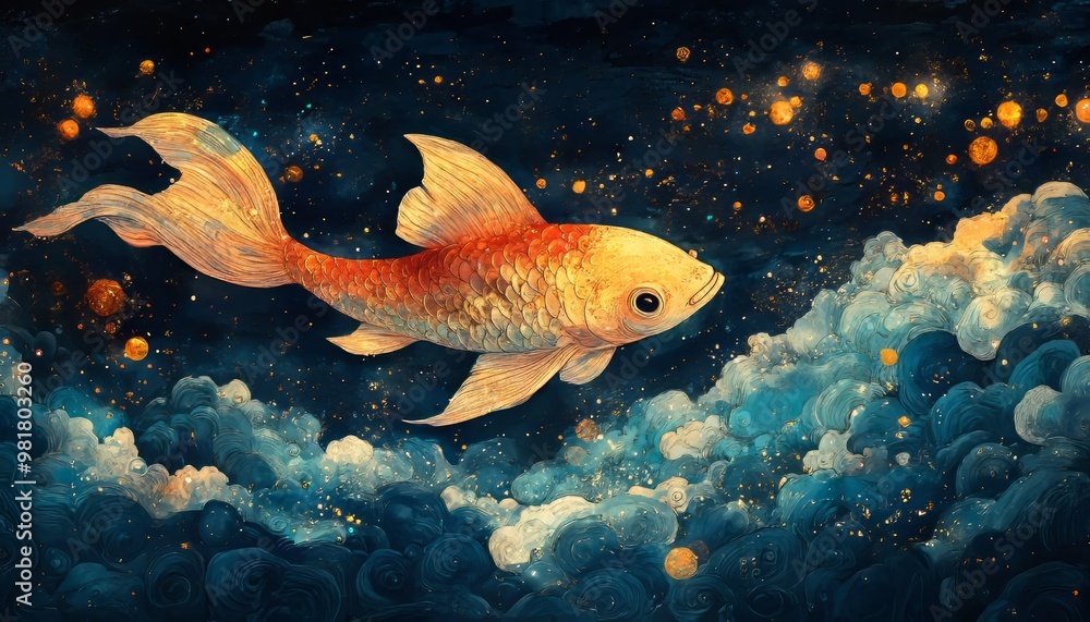 Fototapeta premium Majestic goldfish swimming in a mystical oceanic nightscape