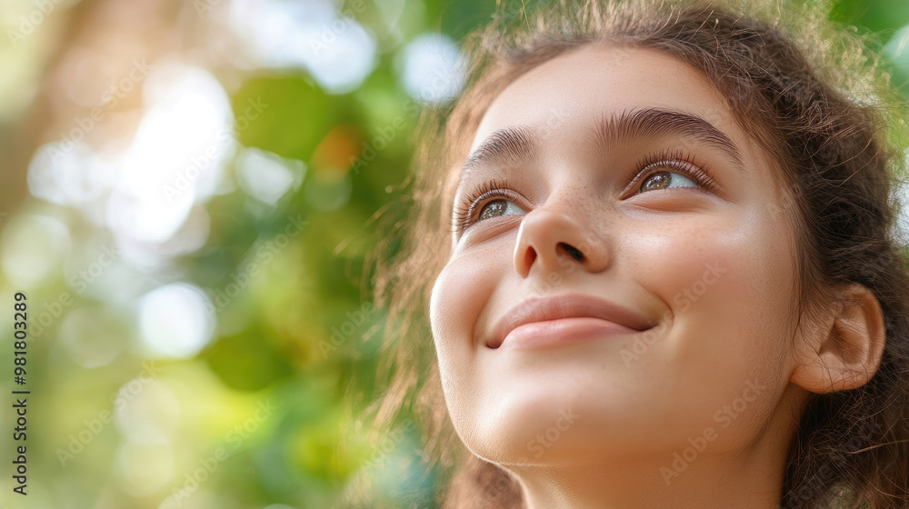 Smiling girl enjoying nature, looking up with joy and wonder in lush green environment, capturing essence of happiness and tranquility Smiling girl enjoying nature, looking up with joy and wonder in lush green environment, capturing essence of happiness and tranquility