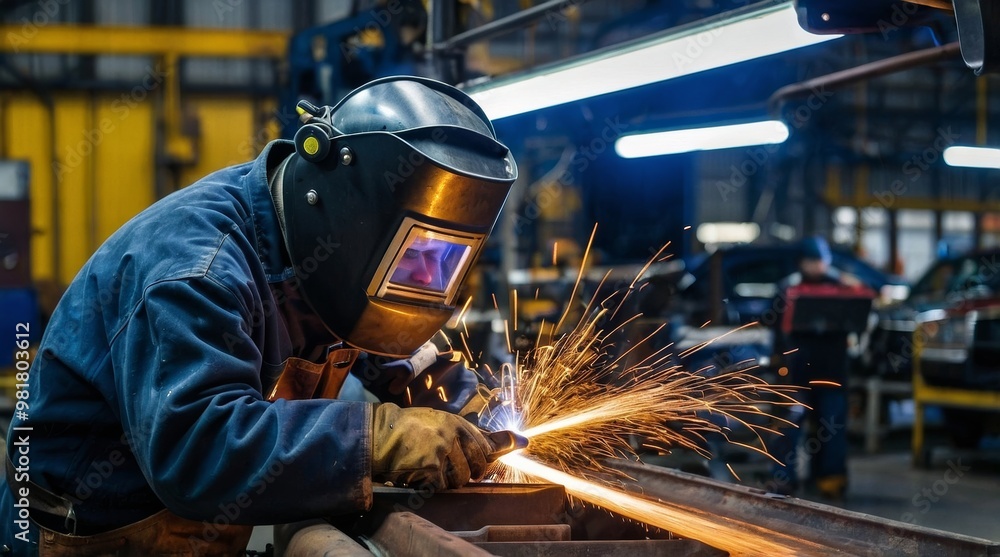 Welder welding automotive part in a car factory Welder welding automotive part in a car factory