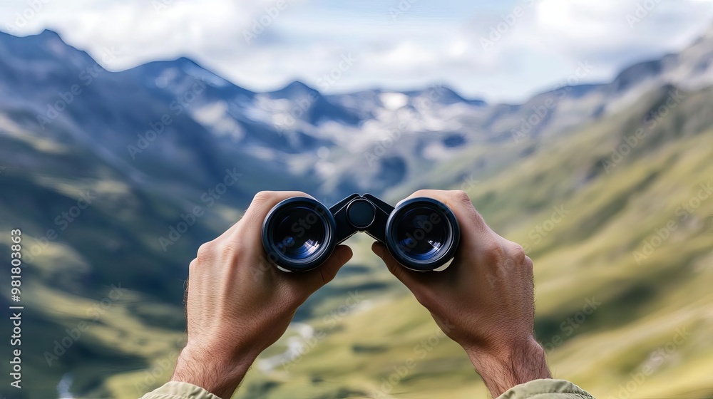 Camper using binoculars to scout for a safe campsite across a valley, camping survival, campsite scouting techniques Camper using binoculars to scout for a safe campsite across a valley, camping survival, campsite scouting techniques