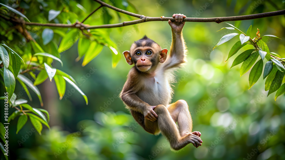 Fototapeta premium Playful monkey swinging on tree branches in the jungle, wildlife, animal, mammal, nature, primate, tropical, forest, adventure