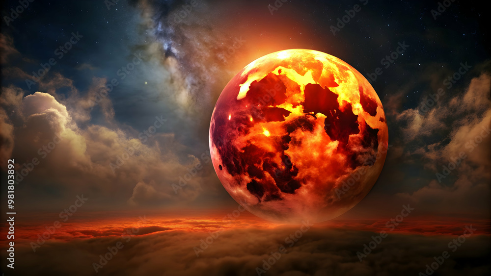 Red moon illuminating a black sky above a fiery orange moon, red moon, black sky, orange moon, celestial, night, mysterious Red moon illuminating a black sky above a fiery orange moon, red moon, black sky, orange moon, celestial, night, mysterious