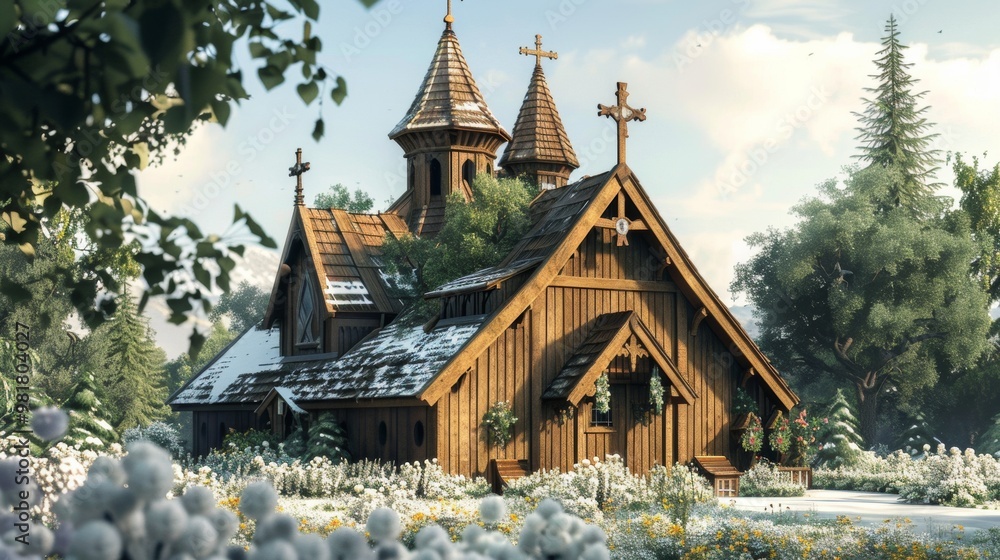 Enchanting Wooden Church in Snowy Winter Landscape with Towering Spires and Rustic Charm Enchanting Wooden Church in Snowy Winter Landscape with Towering Spires and Rustic Charm