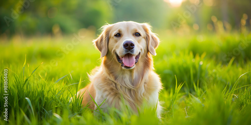 Adorable Golden Retriever playing in lush green grass field, dog, pet, animal, cute, happy, joyful, playing, outdoor, grass