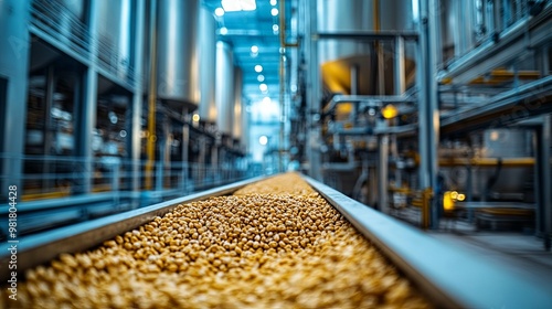 Conveyor Belt Carrying Grains in a Factory Setting