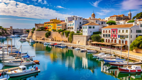 View of charming old town Ciutadella port with boats and colorful buildings on a sunny day in Menorca, Spain , Ciutadella, port