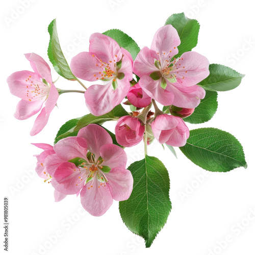 A close-up image of delicate pink apple blossoms with green leaves, isolated on a black background. The flowers are in full bloom and show intricate details.