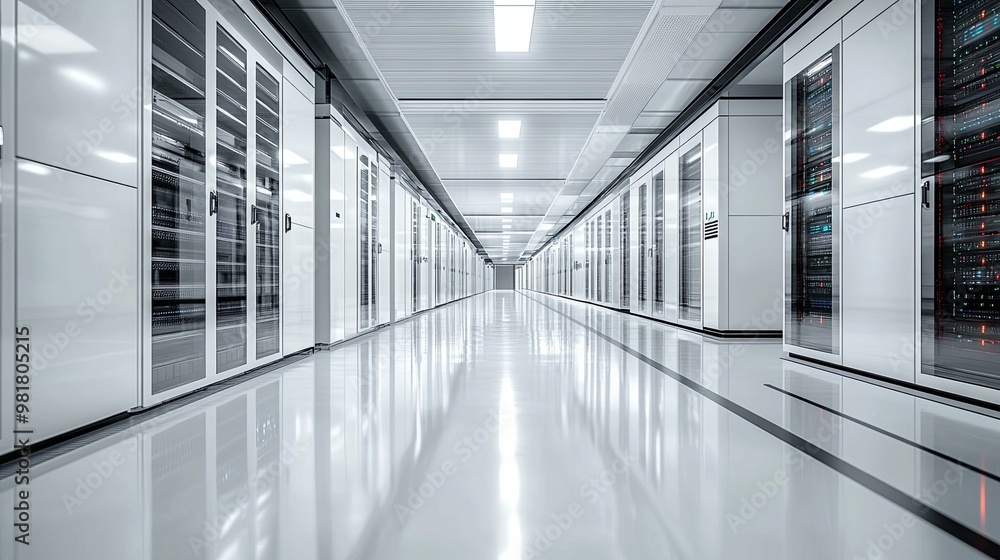 A long, narrow hallway lined with rows of server racks in a modern data center A long, narrow hallway lined with rows of server racks in a modern data center