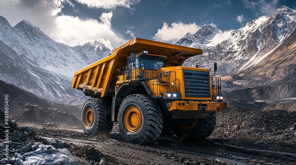 Yellow Dump Truck in a Mountainous Mining Area Yellow Dump Truck in a Mountainous Mining Area