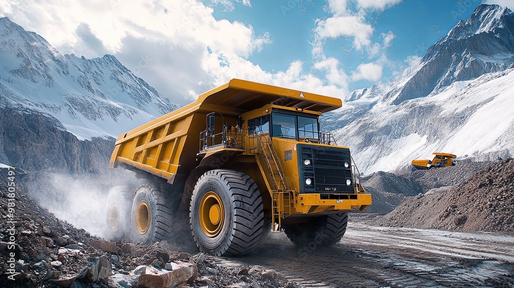 Yellow Dump Truck in a Mountainous Quarry Yellow Dump Truck in a Mountainous Quarry