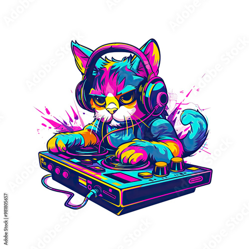 DJ Cat Mixing Music on Turntables