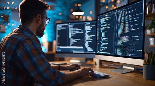 A programmer working late at night in a modern workspace, focused on coding, surrounded by creative lighting and technology.