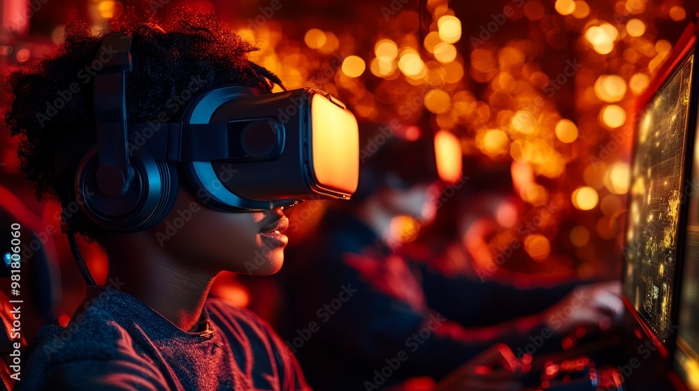 Diverse group of gamers wearing VR headsets, enjoying an immersive gaming experience, highlighting diversity, technology, and entertainment. Diverse group of gamers wearing VR headsets, enjoying an immersive gaming experience, highlighting diversity, technology, and entertainment.
