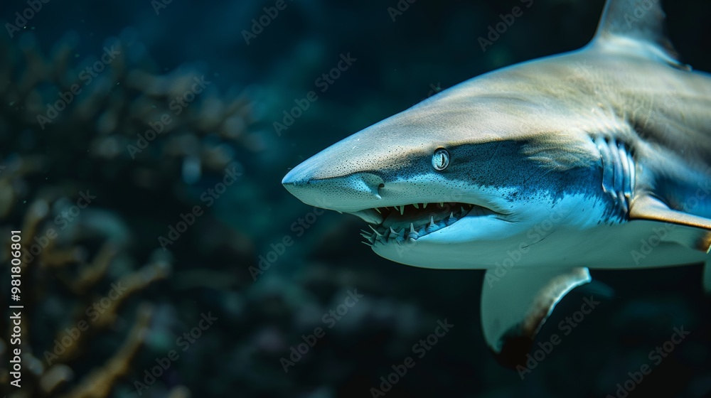 Naklejka premium Fearsome Gray Shark Hunting Underwater in the Deep Blue Ocean