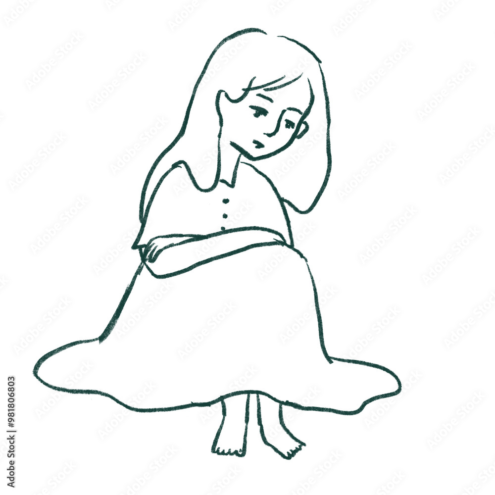 憂鬱な女性のイラスト(線のみ) 憂鬱な女性のイラスト(線のみ)