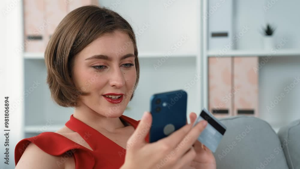 Woman shopping or pay online on internet marketplace browsing for sale items for modern lifestyle and use credit card for online payment from wallet protected by prim cyber security software Woman shopping or pay online on internet marketplace browsing for sale items for modern lifestyle and use credit card for online payment from wallet protected by prim cyber security software