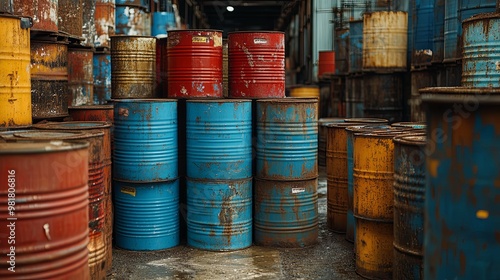 Stacked Rusty Metal Barrels in a Storage Facility