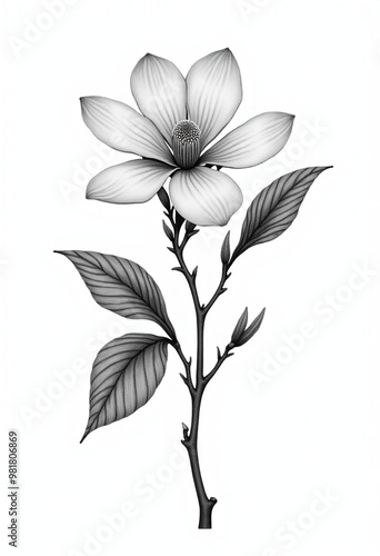 Black and White Magnolia Engraving: Botanical Art, Wildflower Illustration, Isolated Floral Element