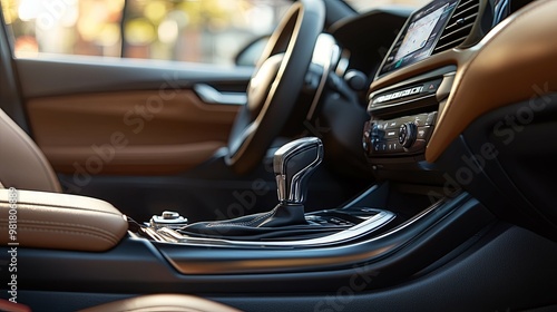 Close-up of a Modern Car's Gear Shifter and Interior photo