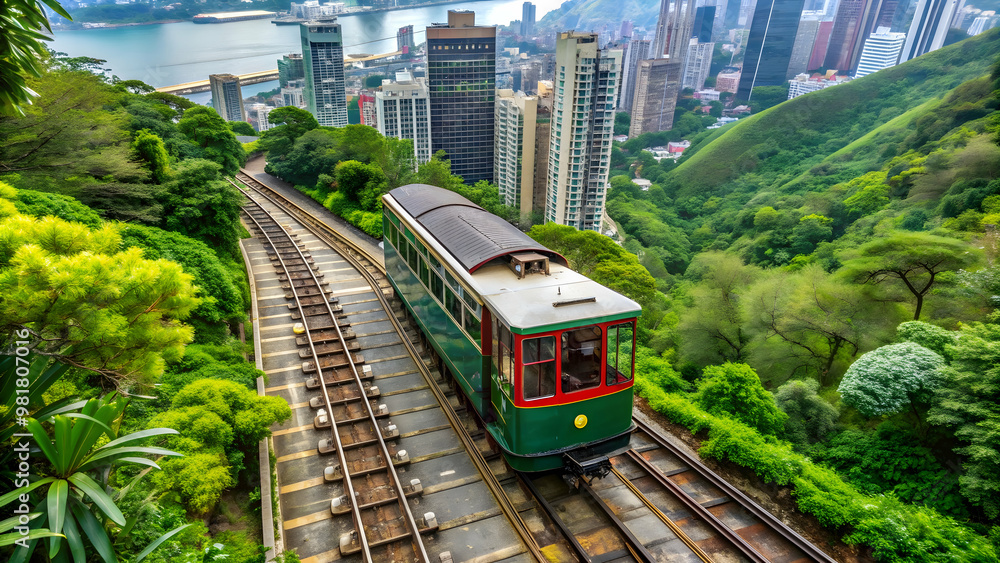 Naklejka premium Green tram on Victoria Peak slope in Hong Kong ascending towards observation deck, tram, Victoria Peak, Hong Kong, slope