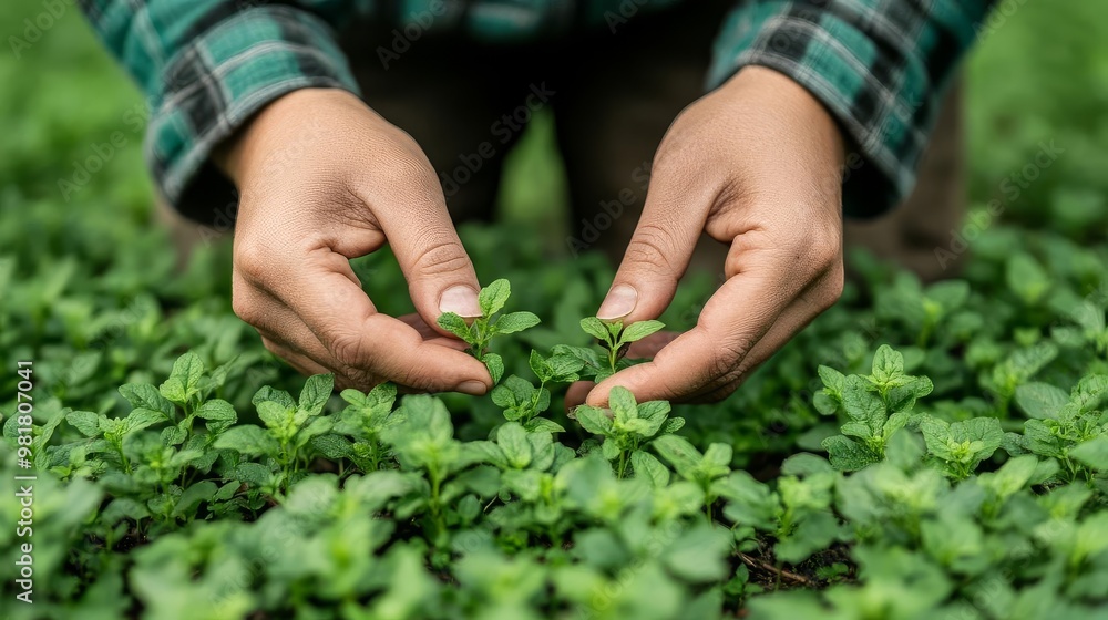 Person testing an edible plant with a taste and wait method, close-up of hands, camping survival, edibility testing in the wild Person testing an edible plant with a taste and wait method, close-up of hands, camping survival, edibility testing in the wild