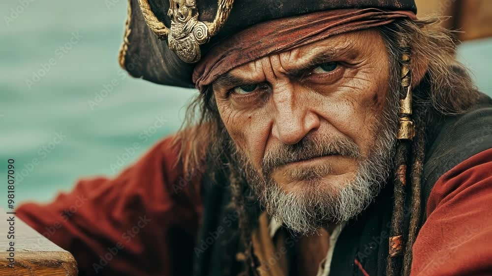 Old pirate captain stands sternly on a ship at sea, exuding adventure and danger in a historical costume Old pirate captain stands sternly on a ship at sea, exuding adventure and danger in a historical costume