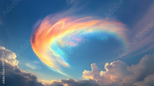 A majestic iridescent rainbow stretches across the sky, symbolizing hope, beauty, nature, and the promise of a new beginning. photo