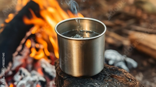Survivalist boiling water in a metal cup over a small fire, isolated campsite, camping survival, water purification techniques