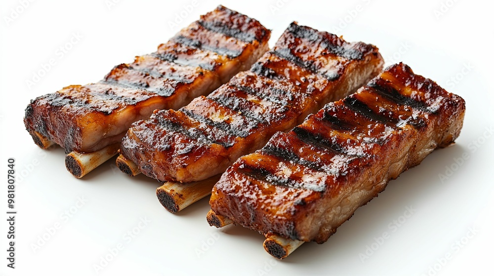 Close-up of Four Glazed and Grilled Pork Ribs on a White Surface Close-up of Four Glazed and Grilled Pork Ribs on a White Surface