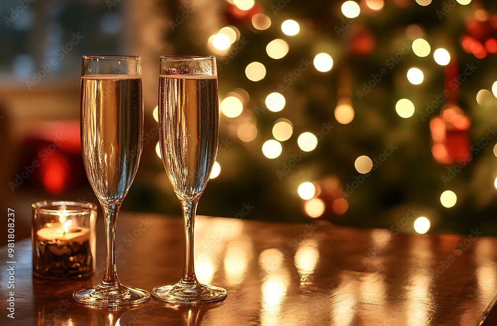 Two champagne glasses on top of a table, a Christmas tree in the background, and black and gold decorations Two champagne glasses on top of a table, a Christmas tree in the background, and black and gold decorations
