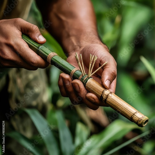 Survivalist crafting a blowgun with bamboo and darts, jungle setting, camping survival, creative hunting tools photo