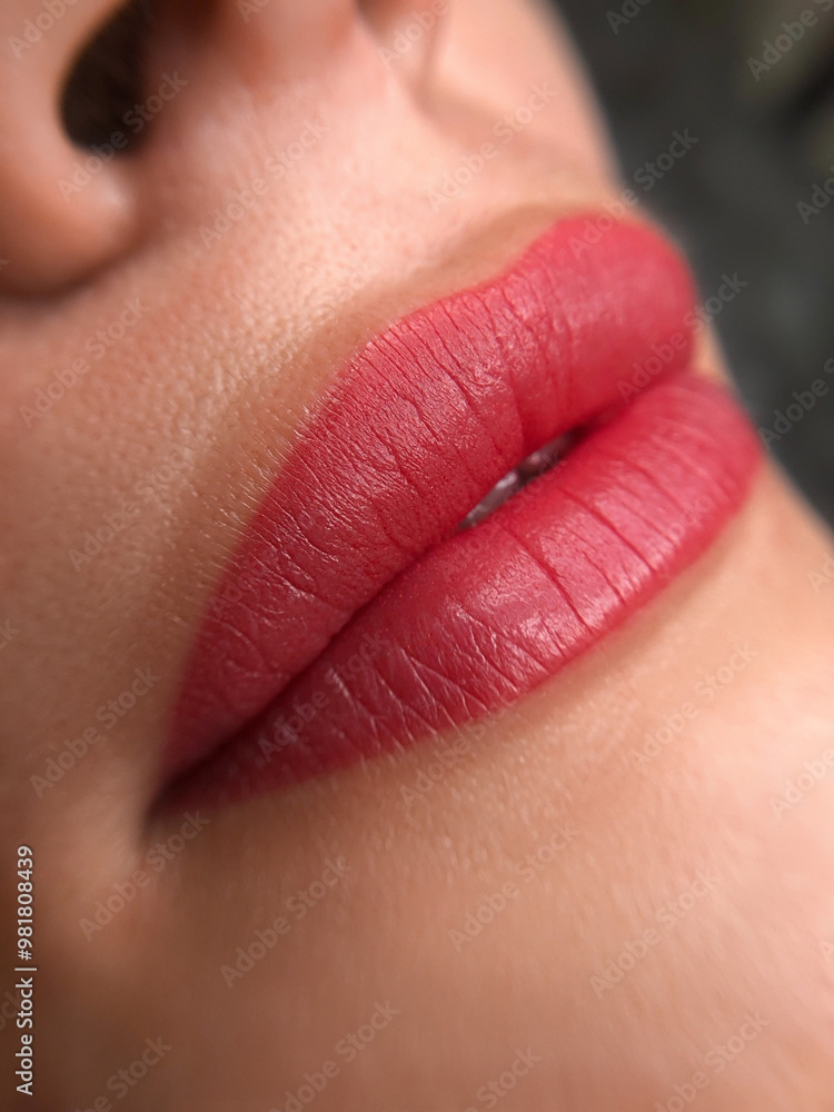 Fototapeta premium permanent makeup on the lips of a young woman of a delicate peach shade close-up, a girl after a cosmetic procedure with smooth and clean healthy skin. 