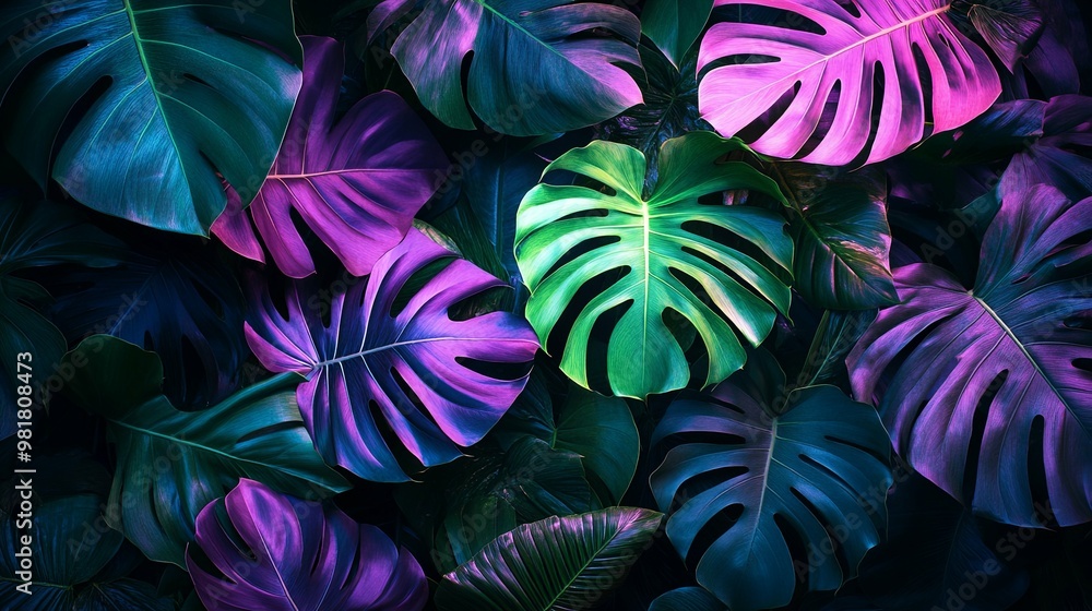 A Close-Up of Lush Tropical Leaves with Vibrant Purple and Green Hues A Close-Up of Lush Tropical Leaves with Vibrant Purple and Green Hues