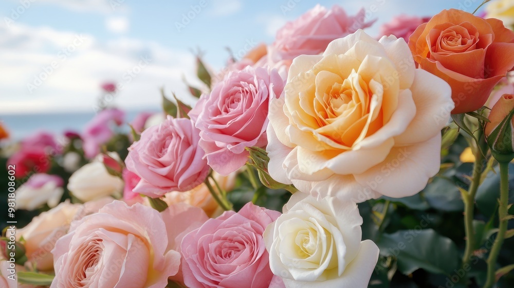 A vibrant display of multi-colored roses against a serene backdrop, showcasing shades of pink, white, and peach in a picturesque floral arrangement. A vibrant display of multi-colored roses against a serene backdrop, showcasing shades of pink, white, and peach in a picturesque floral arrangement.