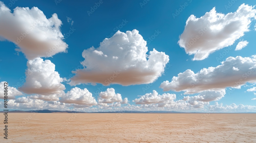A vast, arid landscape under a bright blue sky dotted with fluffy white clouds, creating a serene and expansive atmosphere. A vast, arid landscape under a bright blue sky dotted with fluffy white clouds, creating a serene and expansive atmosphere.