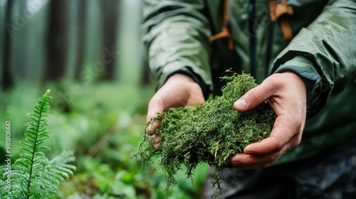 Survivalist gathering dried moss for tinder in a wet forest, camping survival, tinder sourcing in damp conditions photo