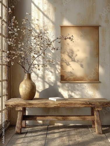 Rustic wooden bench with a vase of dried flowers and a book.