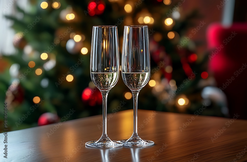 Two champagne glasses on top of a table, a Christmas tree in the background, and black and gold decorations Two champagne glasses on top of a table, a Christmas tree in the background, and black and gold decorations