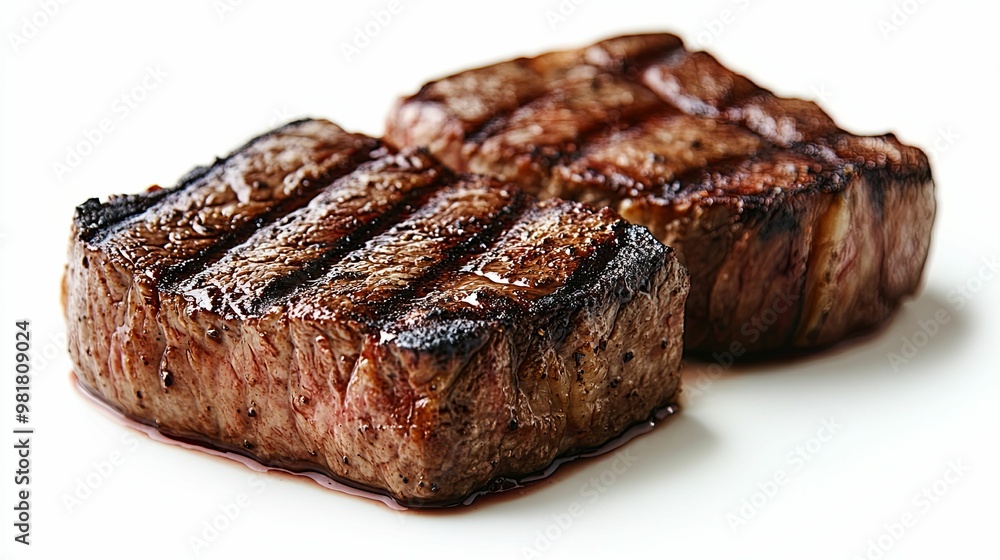 Two Grilled Steak Portions with Juices on White Plate Two Grilled Steak Portions with Juices on White Plate