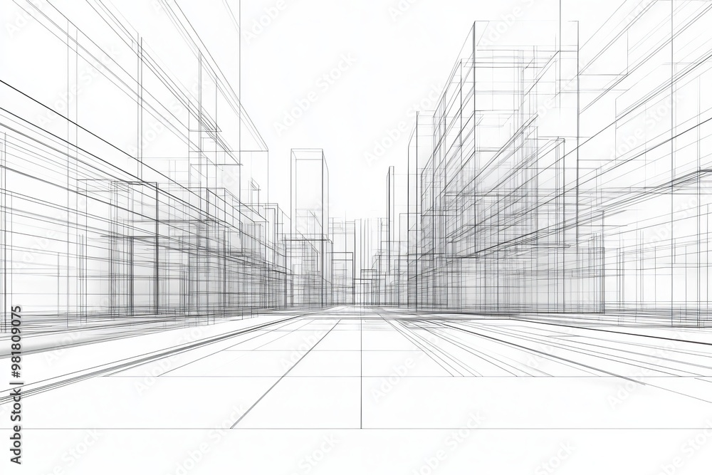 Abstract architectural sketch of a city street with buildings on both sides, drawn with thin black lines on a white background. Abstract architectural sketch of a city street with buildings on both sides, drawn with thin black lines on a white background.