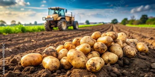 Freshly harvested potatoes on a potato field with a tractor in the background, potatoes, harvest, agriculture, farming, field, tractor