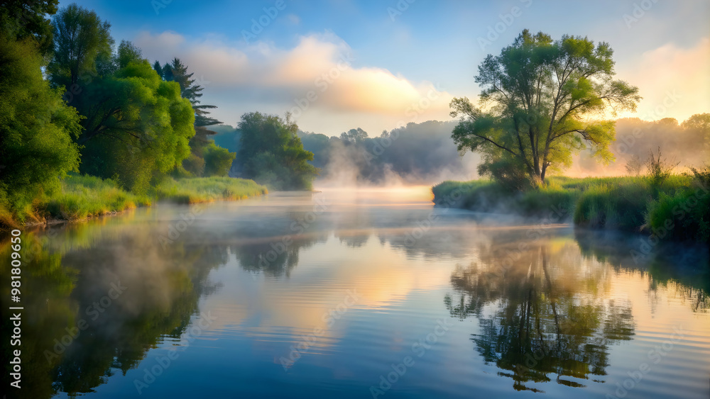 Mist hanging low over a tranquil river , foggy, misty, morning, scenic, nature, peaceful, calm, serene, river, water Mist hanging low over a tranquil river , foggy, misty, morning, scenic, nature, peaceful, calm, serene, river, water