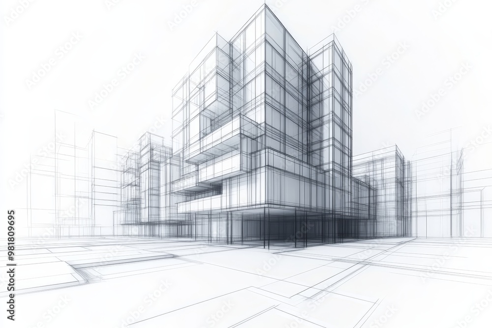 A black and white wireframe rendering of a modern building. A black and white wireframe rendering of a modern building.