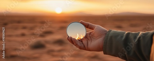 Survivalist using a pocket mirror to start a fire in the desert, camping survival, solar fire-starting techniques photo