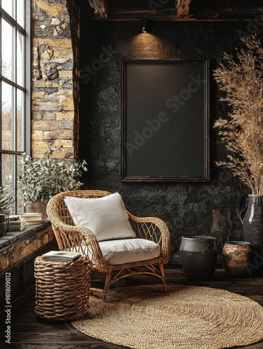 Cozy living room with a wicker armchair and a large black framed picture.