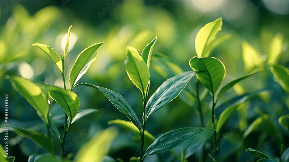 Lush Green Tea Plant Leaves in Sunlight Lush Green Tea Plant Leaves in Sunlight
