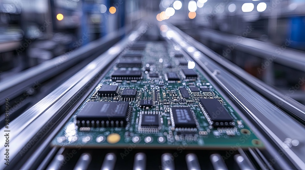 Close-up of a Circuit Board Moving Along a Factory Conveyor Belt Close-up of a Circuit Board Moving Along a Factory Conveyor Belt